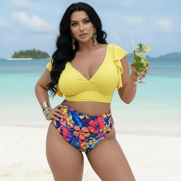 🆕Boho Chic Plus Size Yellow Ruffle Tankini Set High Rise Tropical Floral Bottom - Picture 1 of 16